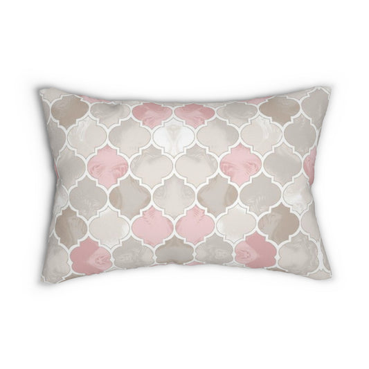 Moroccan Trellis Pink & Taupe Lumbar Pillow — Decorative Polyester Cushion