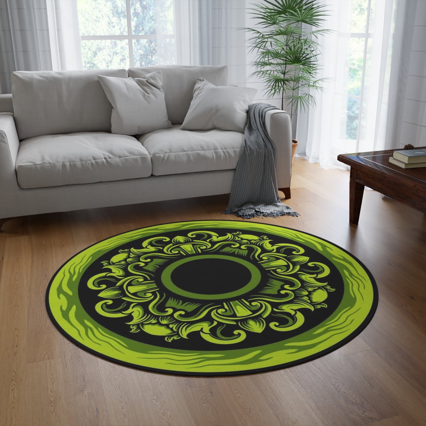 Green Mandala Round Rug — Bohemian Decorative Floor Mat for Living Room, Meditation & Yoga