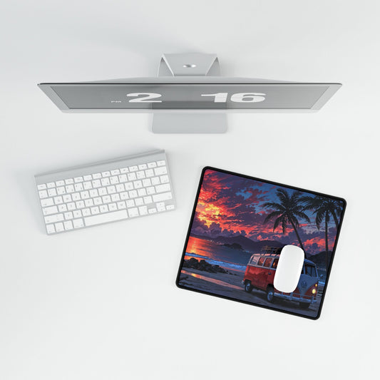 Sunset Beach VW Camper Desk Mat — Tropical Surf Vibe Mouse Pad