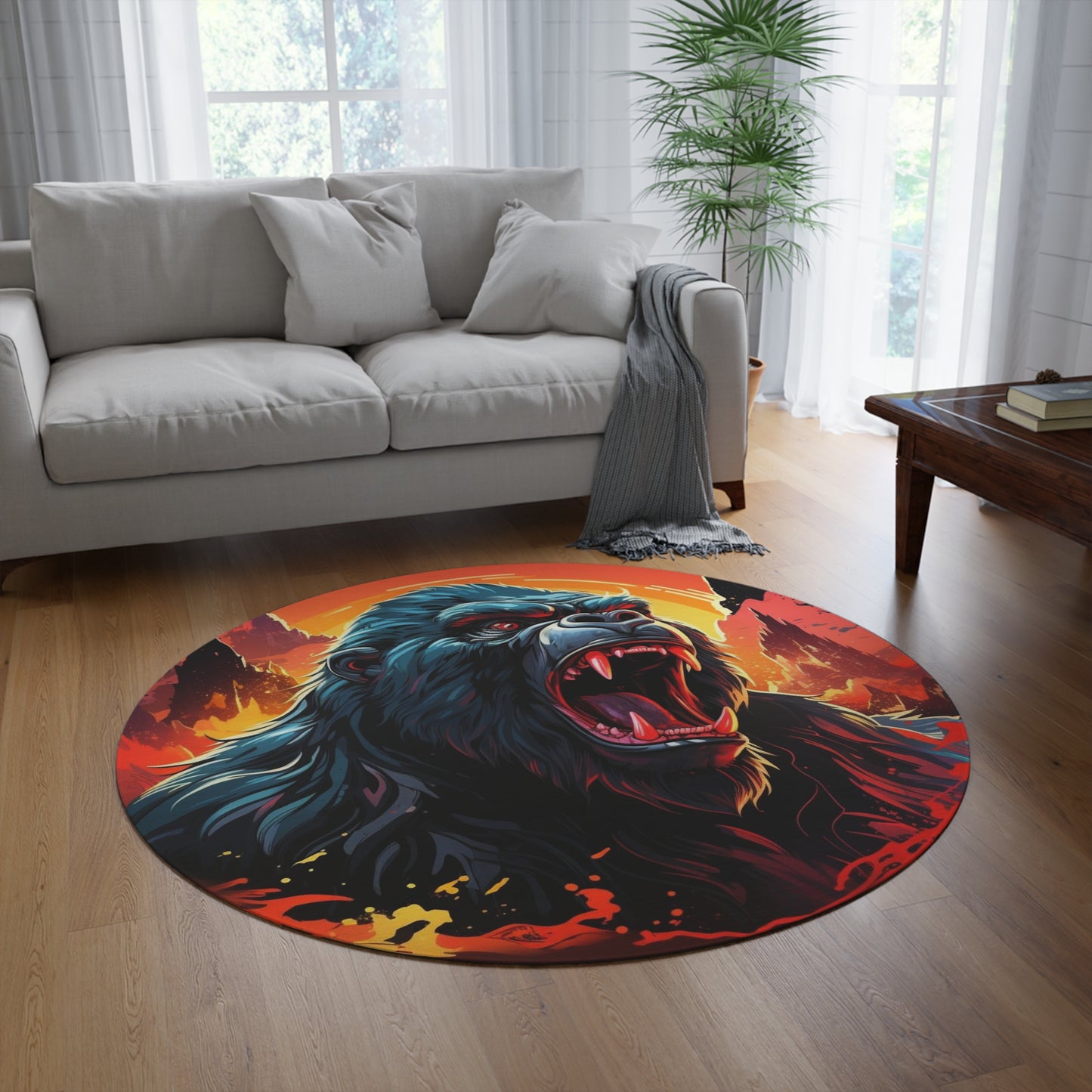 Roaring King Gorilla Round Rug — Bold Monster Art Accent Mat for Game Rooms & Dorms