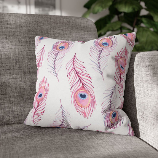 Pink Watercolor Peacock Feather Pillowcase — Decorative Square Throw Pillow Cover