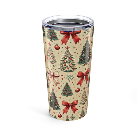 20oz Christmas Tumbler — Vintage Tree & Red Bow Holiday Travel Cup