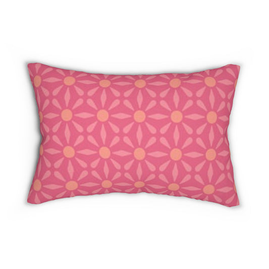 Pink Floral Geometric Lumbar Pillow — Retro Daisy Pattern Decorative Accent