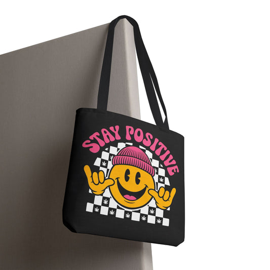 Stay Positive Smiley Tote Bag — Retro Checkerboard Inspirational Canvas Tote