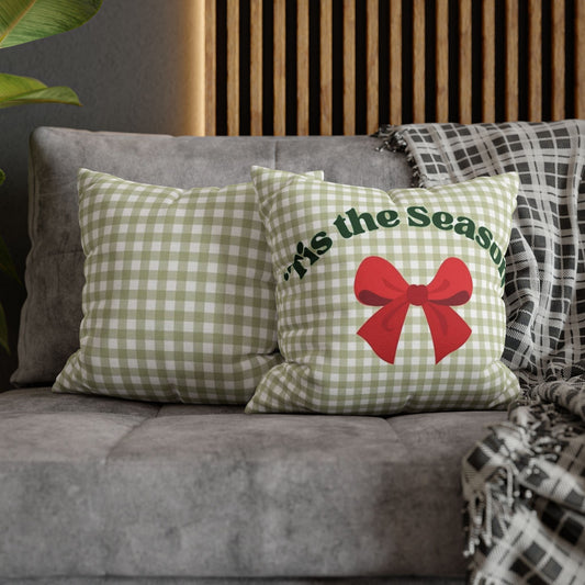 Christmas Throw Pillowcase — "’Tis the Season" Green Gingham with Red Bow