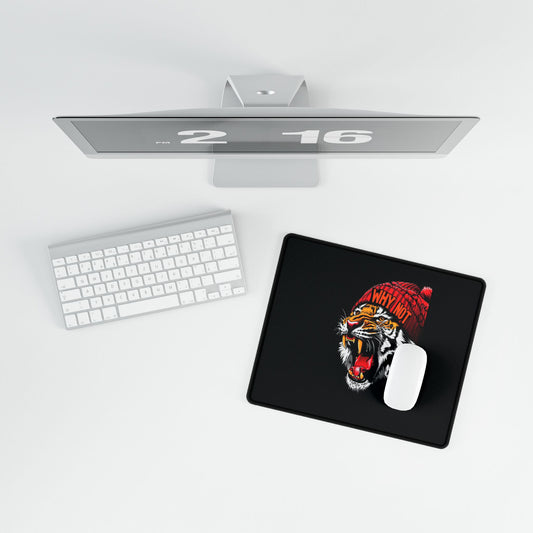 Tiger Head Desk Mat — Bold Roaring Tiger with 'Why Not' Beanie, Large Gaming/Office Mouse Pad