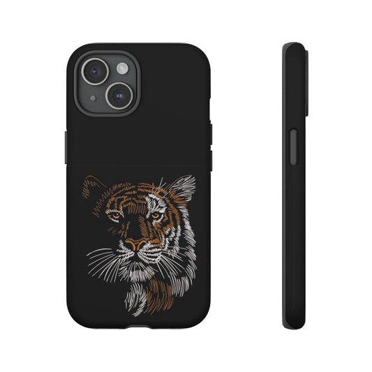 Tiger Face Phone Case — Protective Black Tough Case with Embroidered-Style Tiger Design