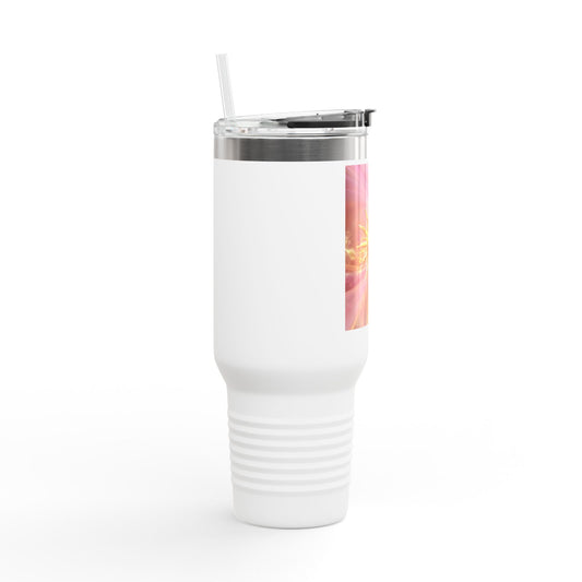 40oz Insulated Travel Mug – Pink Floral Sunburst Design