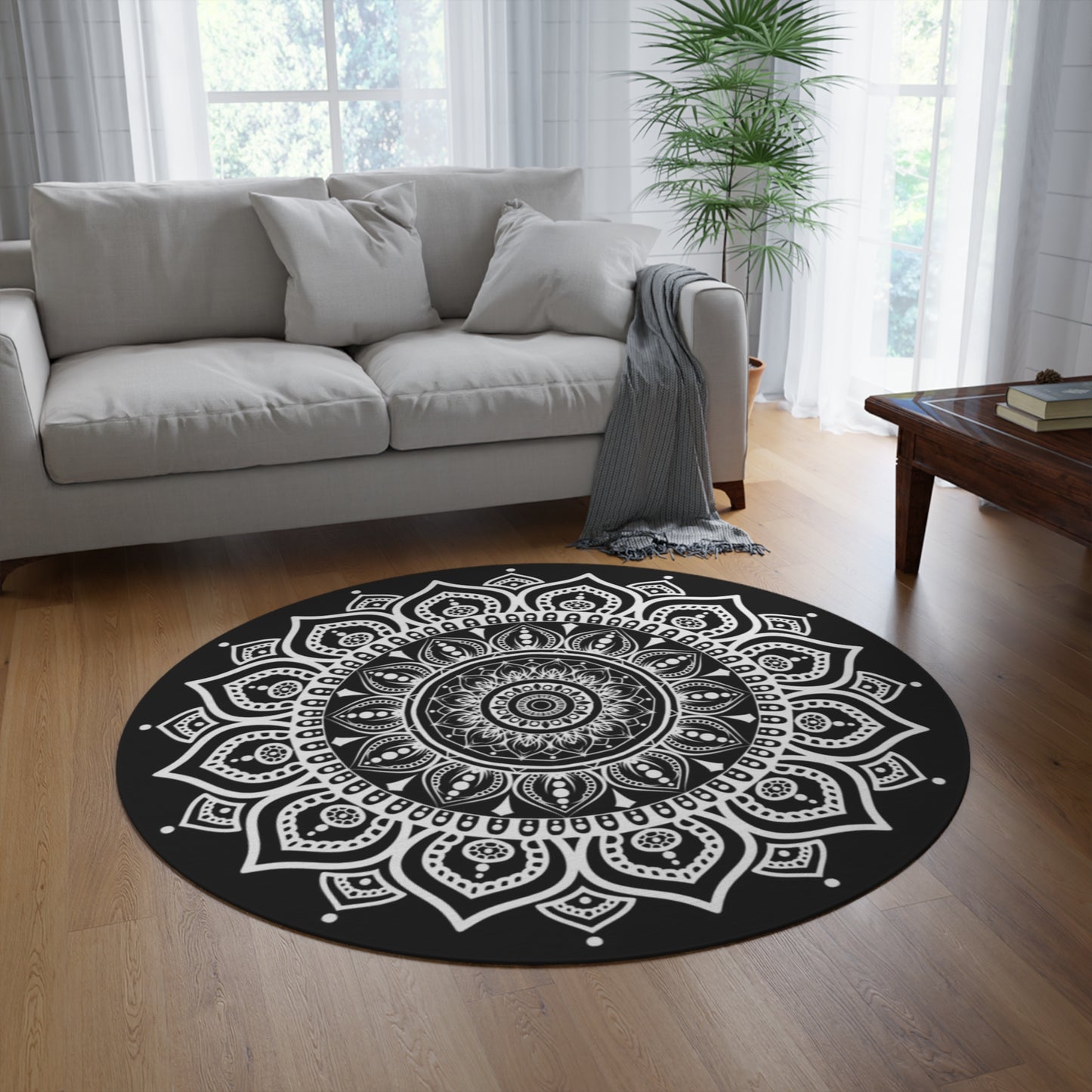 Round Mandala Rug — Black & White Boho Floor Mat for Living Room, Bedroom, Yoga