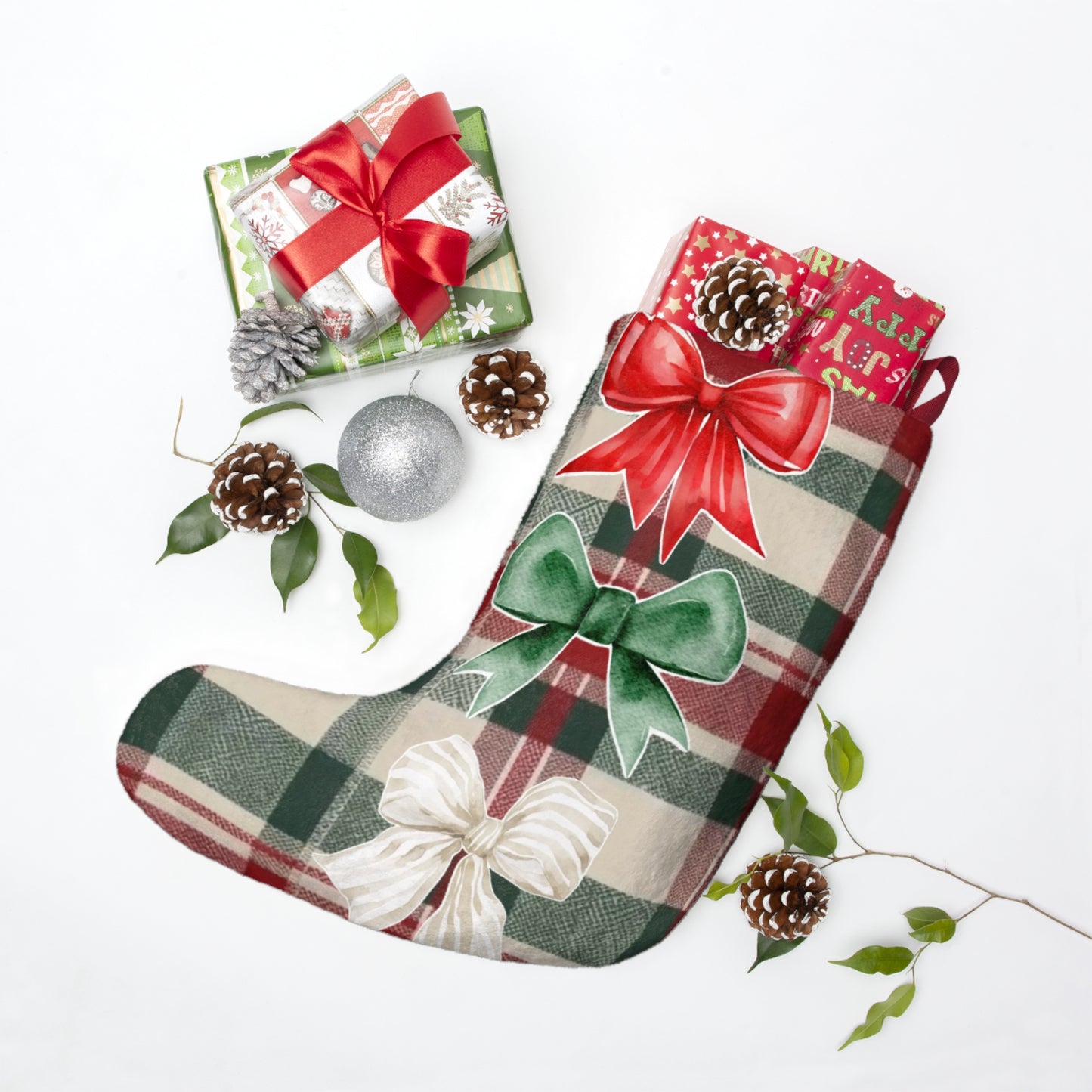 Plaid Bow Christmas Stocking - Red, Green & Cream Holiday Stocking