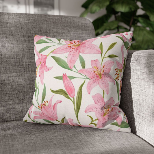 Floral Lily Pillowcase — Pink Watercolor Botanical Square Pillow Cover
