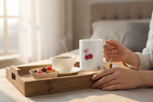 Cherry Pattern Ceramic Mug — Cute Watercolor Cherries with Bows (11oz & 15oz)
