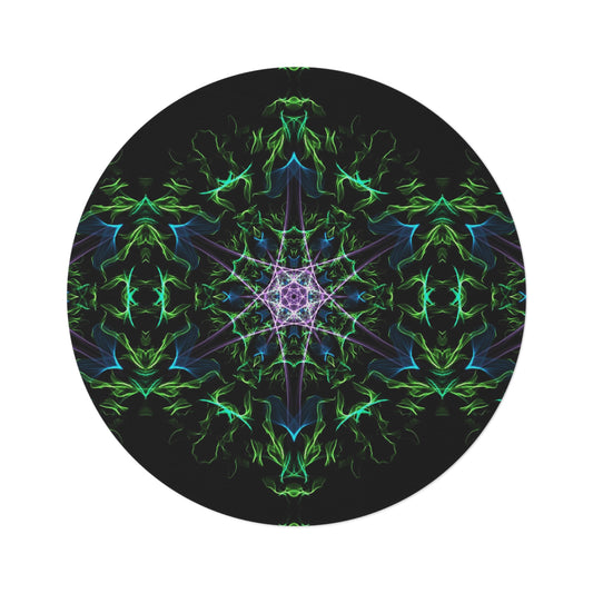 Mystic Kaleidoscope Round Rug — Green & Purple Mandala Floor Mat