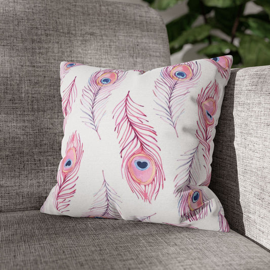 Pink Watercolor Peacock Feather Pillowcase — Decorative Square Throw Pillow Cover