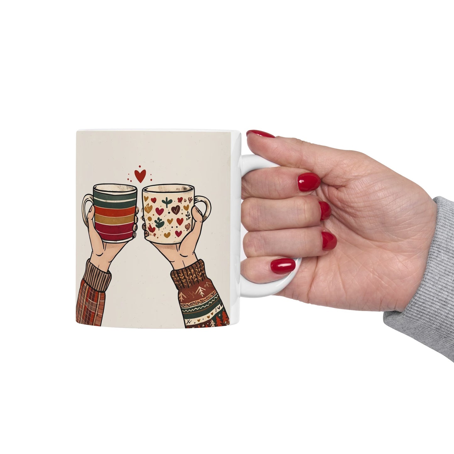 Cozy Striped Mug – Hand Holding Rainbow Coffee Cup Ceramic Mug (11oz, 15oz)