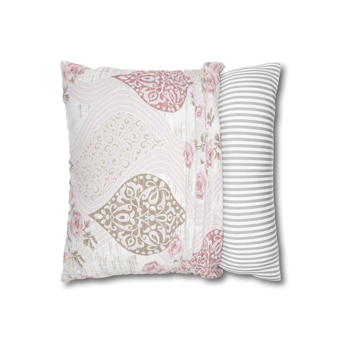 Floral Damask Decorative Pillowcase – Pink & Taupe Square Cushion Cover