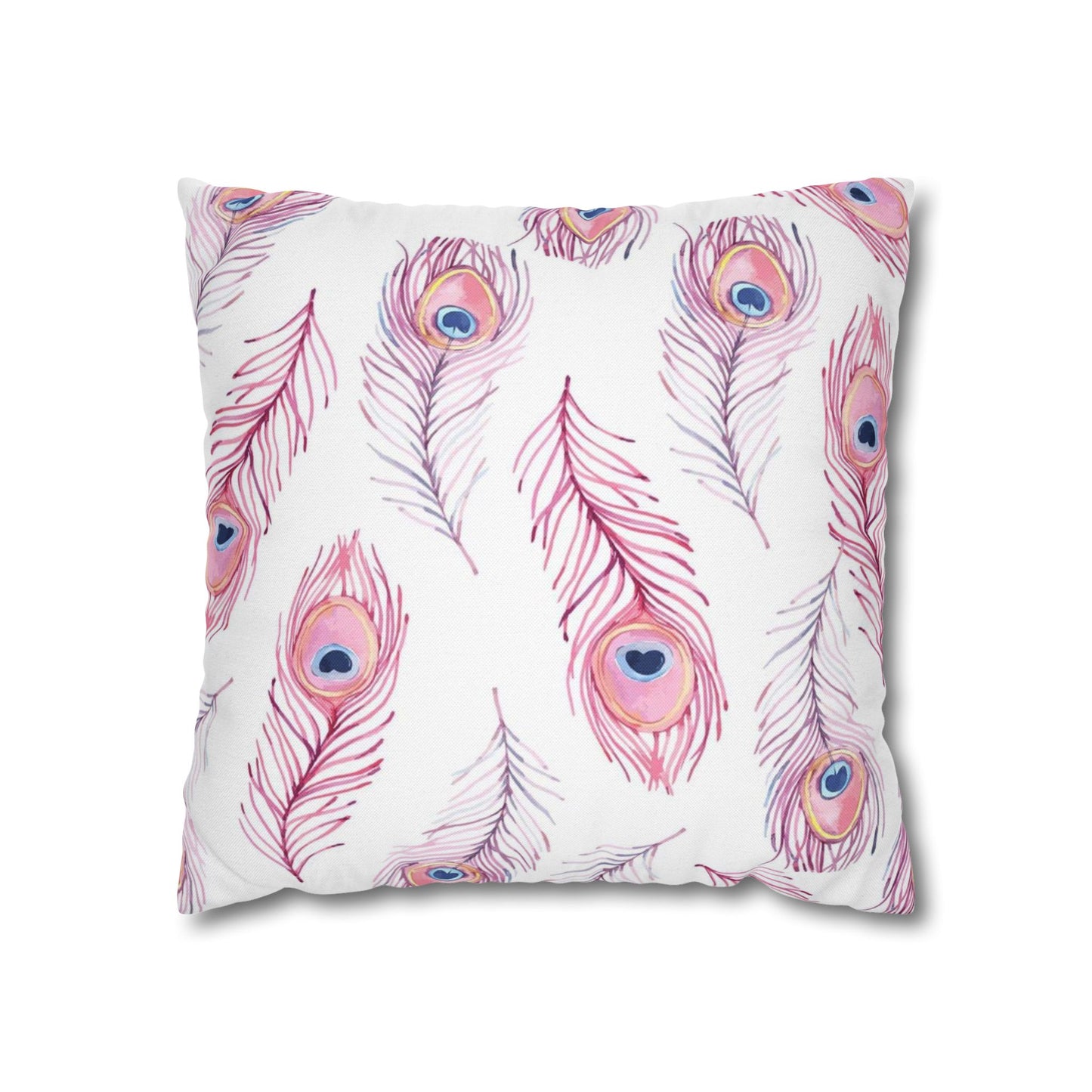 Pink Watercolor Peacock Feather Pillowcase — Decorative Square Throw Pillow Cover
