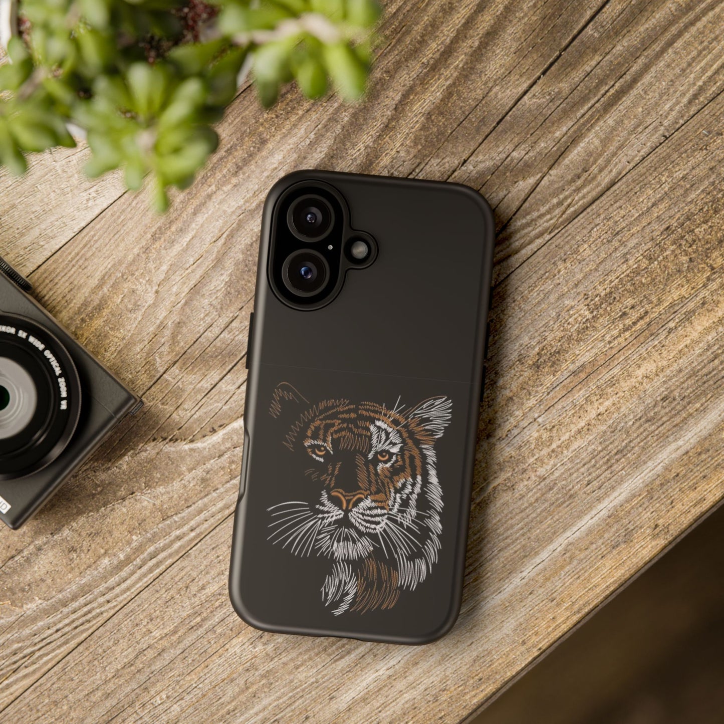 Tiger Face Phone Case — Protective Black Tough Case with Embroidered-Style Tiger Design