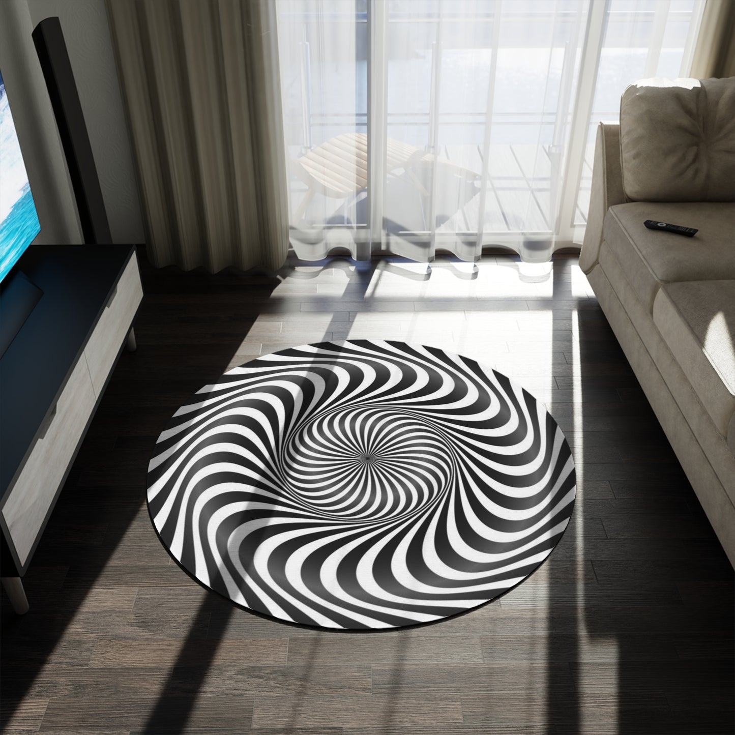 Optical Illusion Swirl Round Rug — Black & White Psychedelic Floor Mat