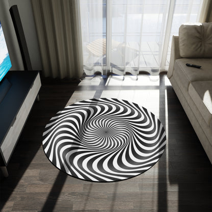 Optical Illusion Swirl Round Rug — Black & White Psychedelic Floor Mat