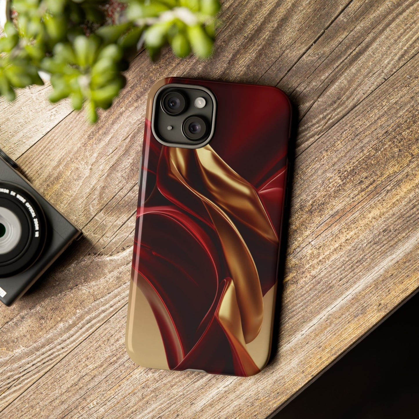 Protective Phone Case — Red & Gold Satin Swirl Design