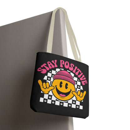 Stay Positive Smiley Tote Bag — Retro Checkerboard Inspirational Canvas Tote