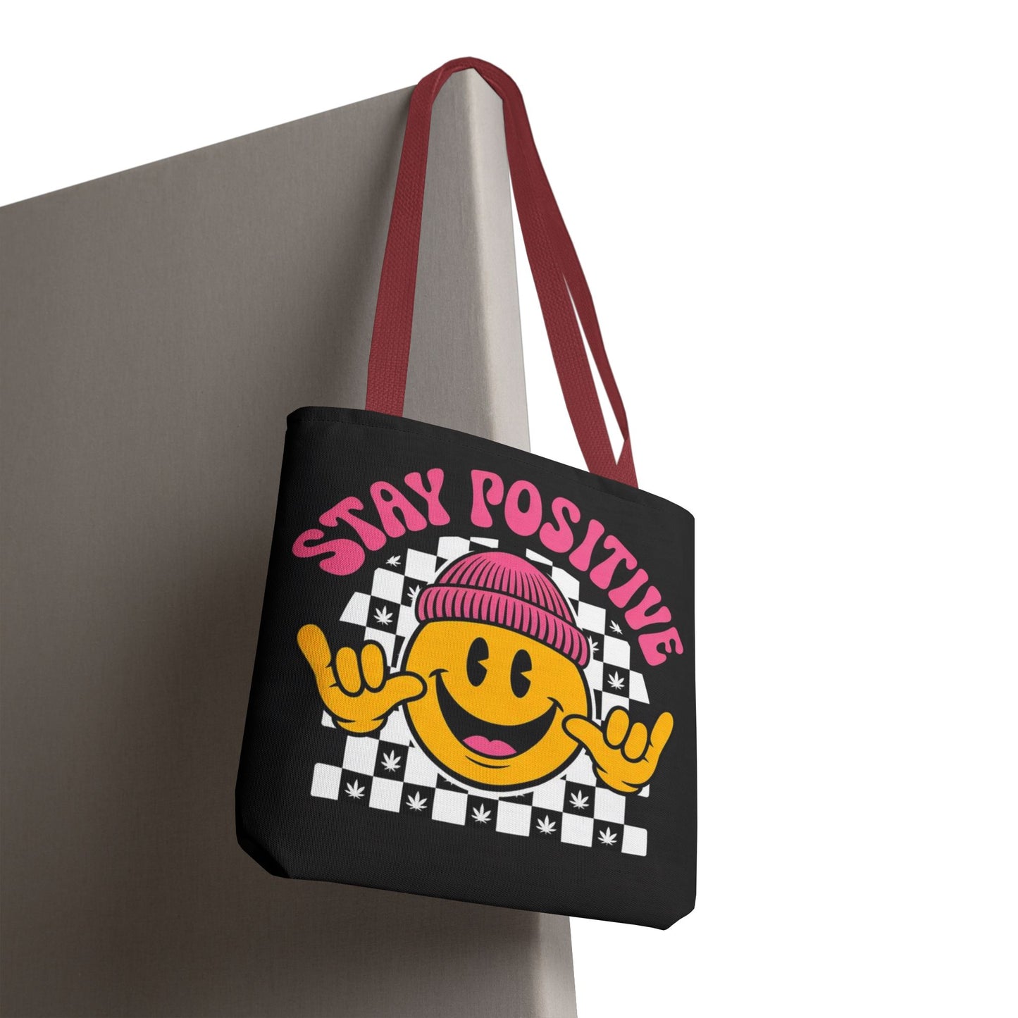 Stay Positive Smiley Tote Bag — Retro Checkerboard Inspirational Canvas Tote