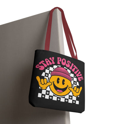 Stay Positive Smiley Tote Bag — Retro Checkerboard Inspirational Canvas Tote