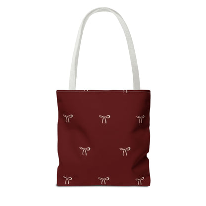 Christmas Tote Bag — Burgundy 'Merry Christmas' Bow Pattern Holiday Gift Tote