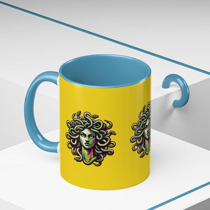 Medusa Accent Coffee Mug — Mythical Snake-Head Design, Yellow & Black Accent (11/15oz)