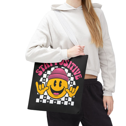 Stay Positive Smiley Tote Bag — Retro Checkerboard Inspirational Canvas Tote