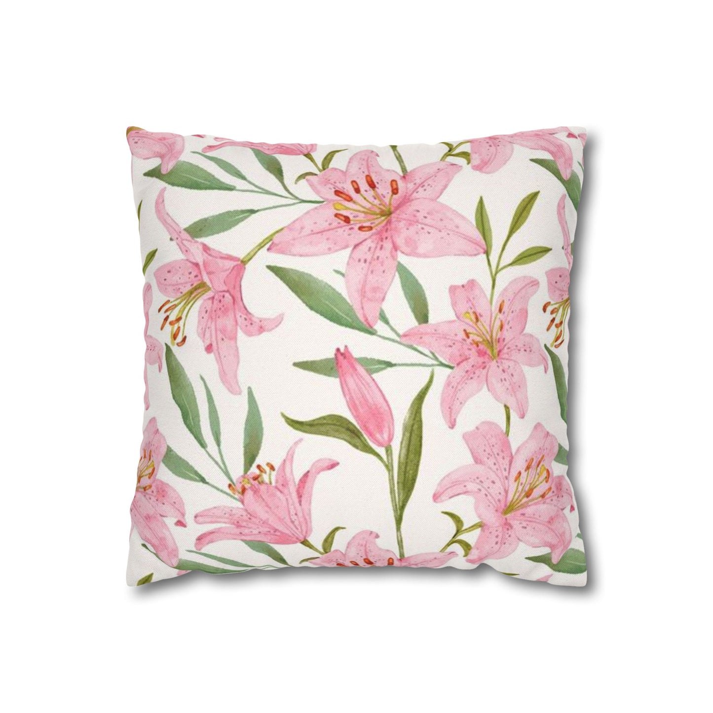 Floral Lily Pillowcase — Pink Watercolor Botanical Square Pillow Cover