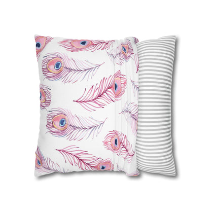 Pink Watercolor Peacock Feather Pillowcase — Decorative Square Throw Pillow Cover