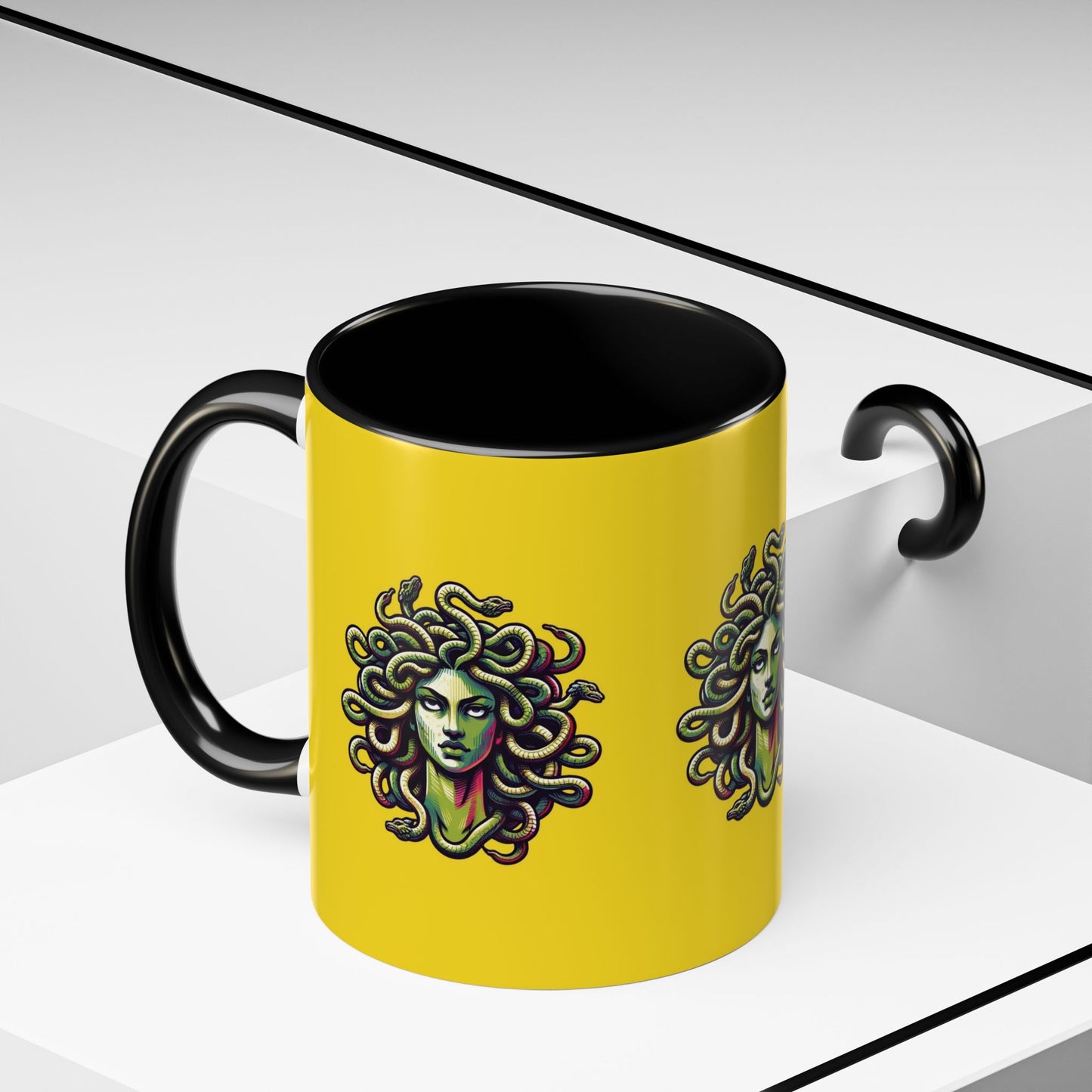 Medusa Accent Coffee Mug — Mythical Snake-Head Design, Yellow & Black Accent (11/15oz)