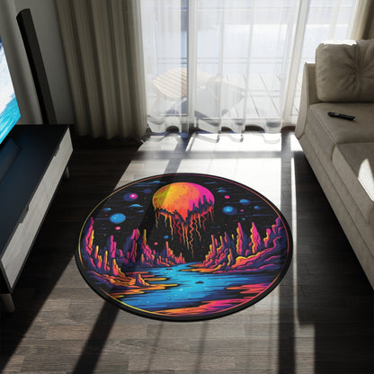 Psychedelic Moonscape Round Rug — Neon Cosmic Landscape Floor Mat