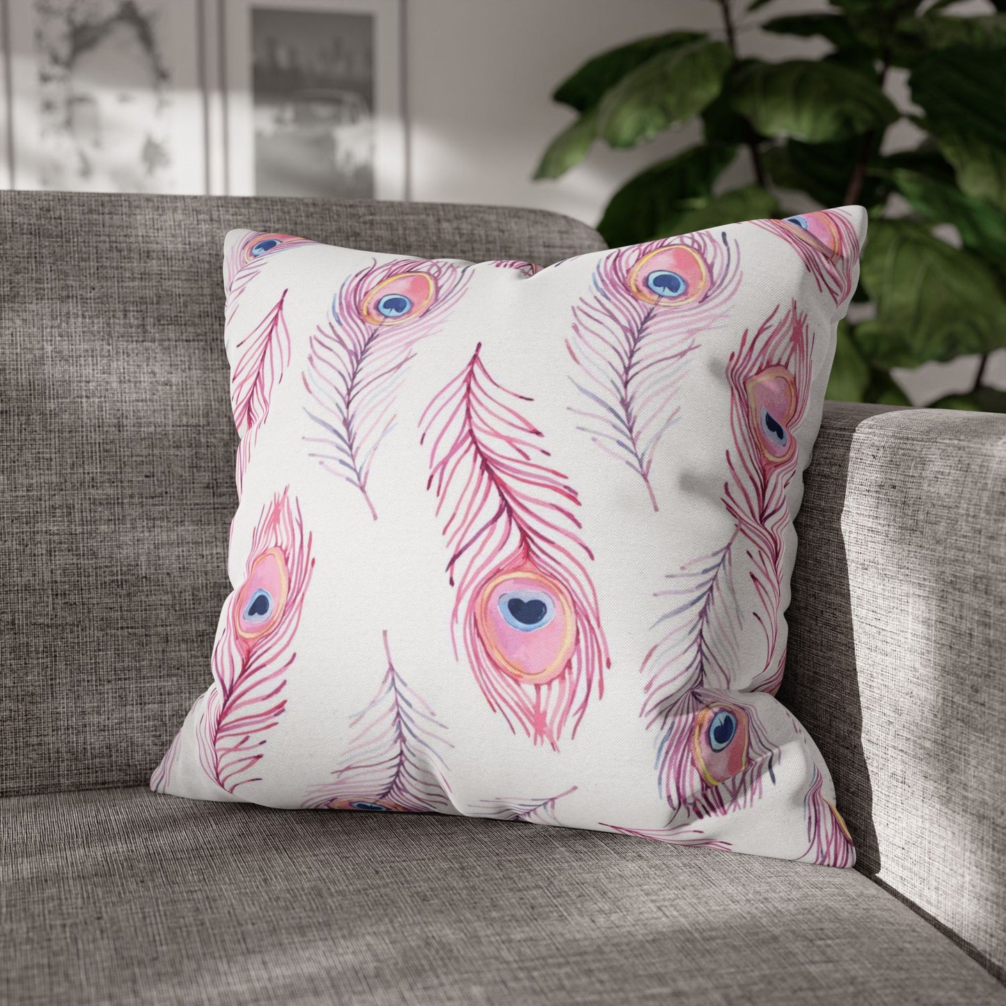 Pink Watercolor Peacock Feather Pillowcase — Decorative Square Throw Pillow Cover
