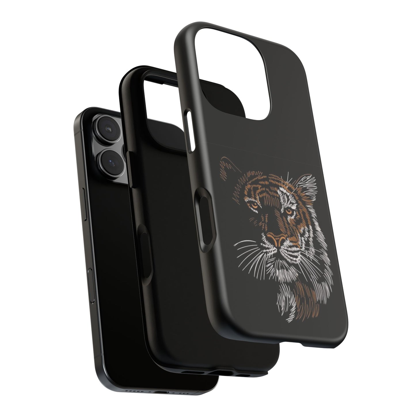 Tiger Face Phone Case — Protective Black Tough Case with Embroidered-Style Tiger Design