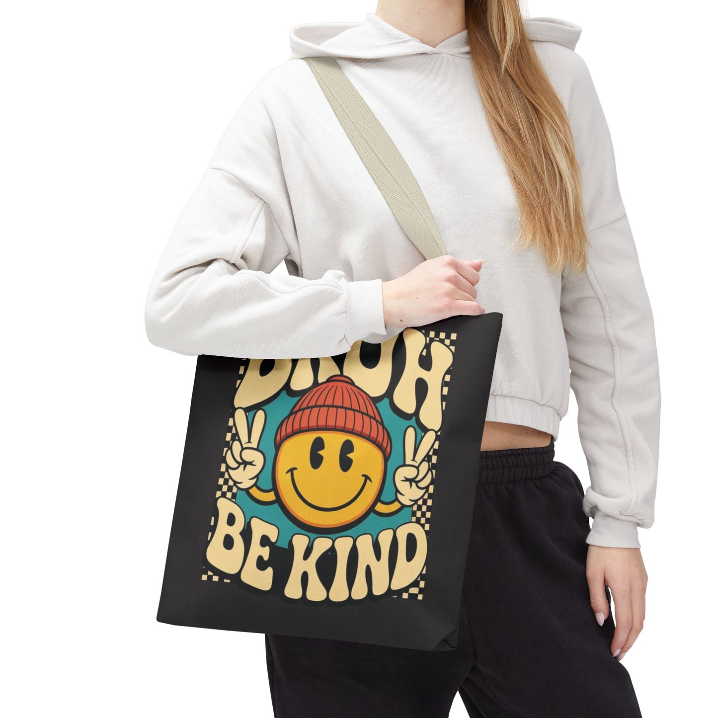 Bruh Be Kind Smiley Tote Bag — Retro Peace Sign Canvas Shopper