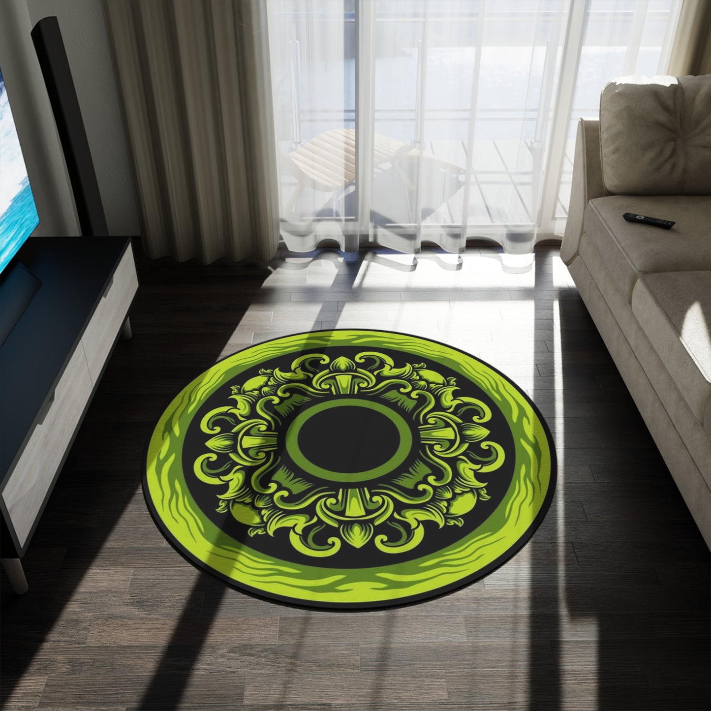 Green Mandala Round Rug — Bohemian Decorative Floor Mat for Living Room, Meditation & Yoga