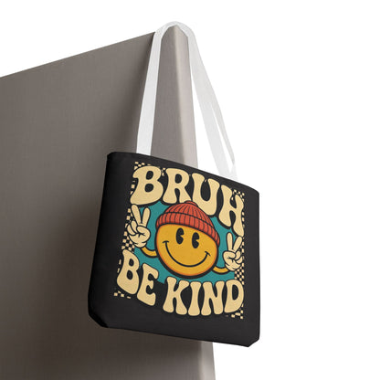 Bruh Be Kind Smiley Tote Bag — Retro Peace Sign Canvas Shopper