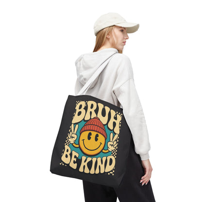 Bruh Be Kind Smiley Tote Bag — Retro Peace Sign Canvas Shopper