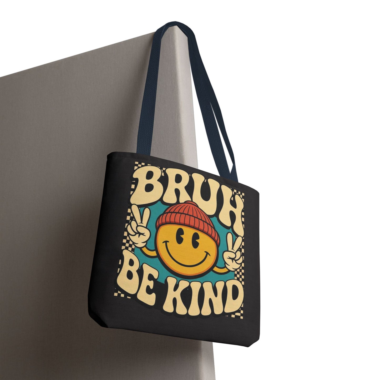 Bruh Be Kind Smiley Tote Bag — Retro Peace Sign Canvas Shopper