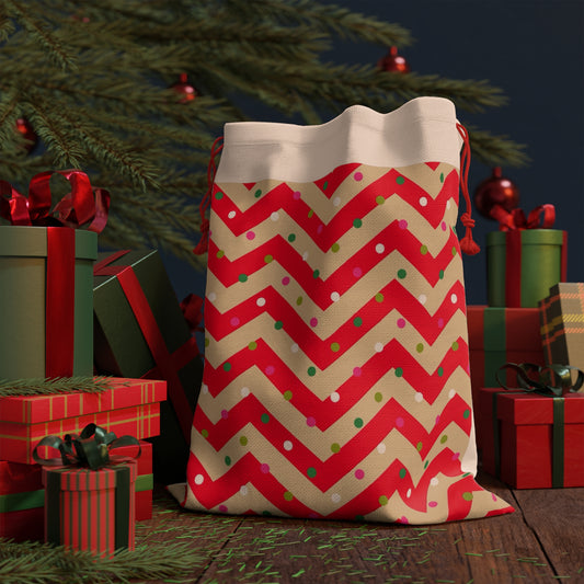 Holiday Chevron Drawstring Gift Bag — Red & Gold Polka Dot Christmas Gift Pouch
