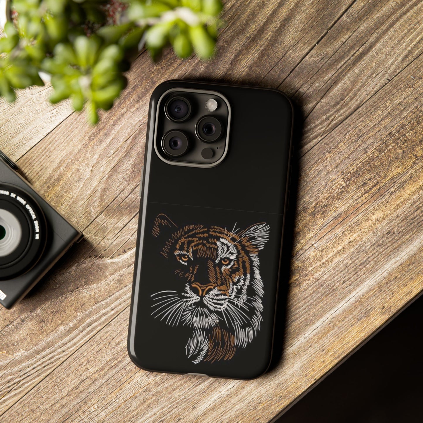 Tiger Face Phone Case — Protective Black Tough Case with Embroidered-Style Tiger Design