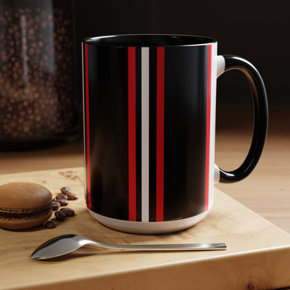 Black Accent Coffee Mug with Red & White Racing Stripes — 11/15oz