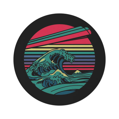 Retro Wave Ocean Round Rug — Vintage Sunset Great Wave Floor Mat