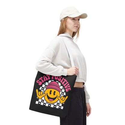 Stay Positive Smiley Tote Bag — Retro Checkerboard Inspirational Canvas Tote
