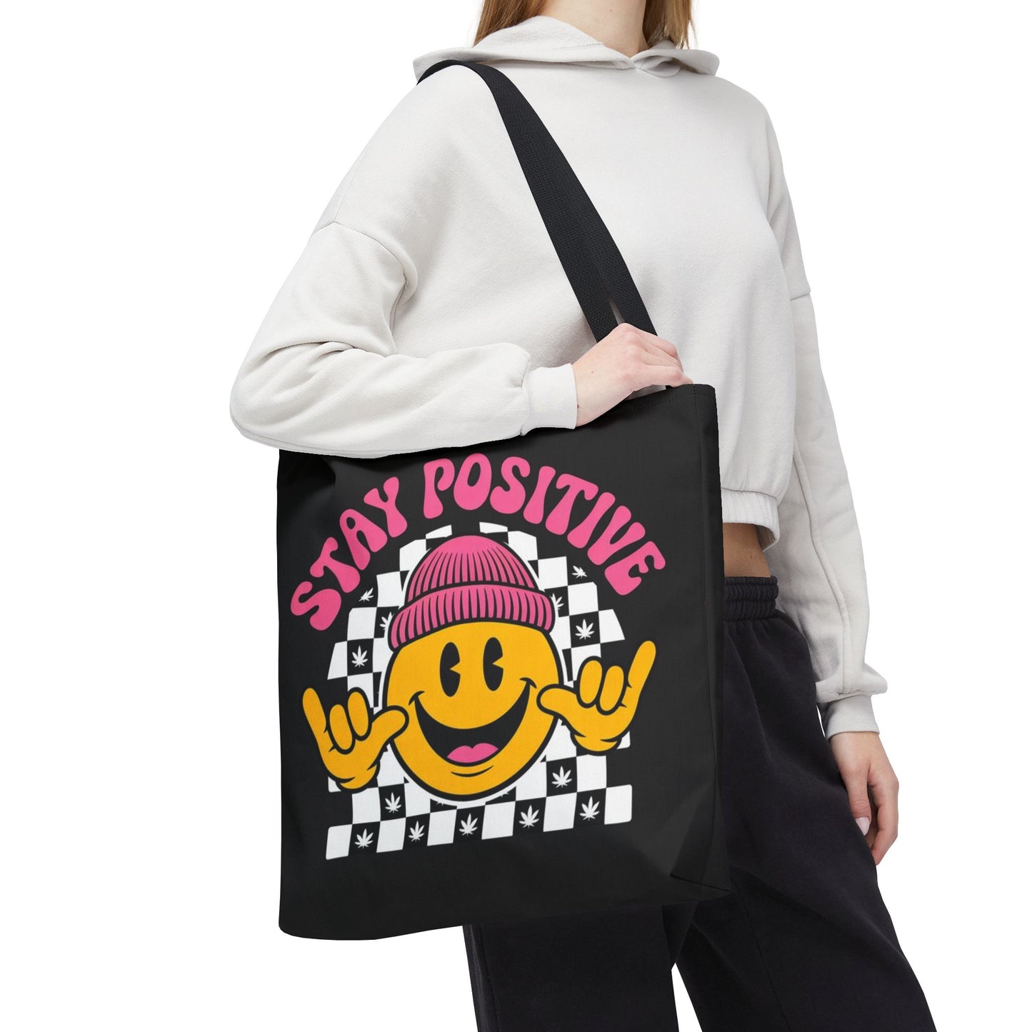 Stay Positive Smiley Tote Bag — Retro Checkerboard Inspirational Canvas Tote