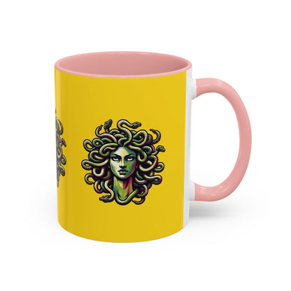 Medusa Accent Coffee Mug — Mythical Snake-Head Design, Yellow & Black Accent (11/15oz)
