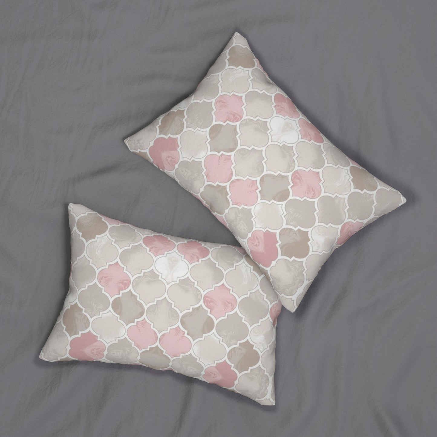 Moroccan Trellis Pink & Taupe Lumbar Pillow — Decorative Polyester Cushion
